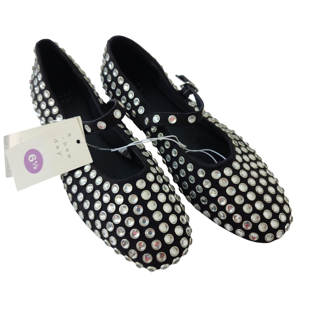 A New Day Issa Rhinestone Mary Jane Ballets Flats Black Shoes 6.5 NEW